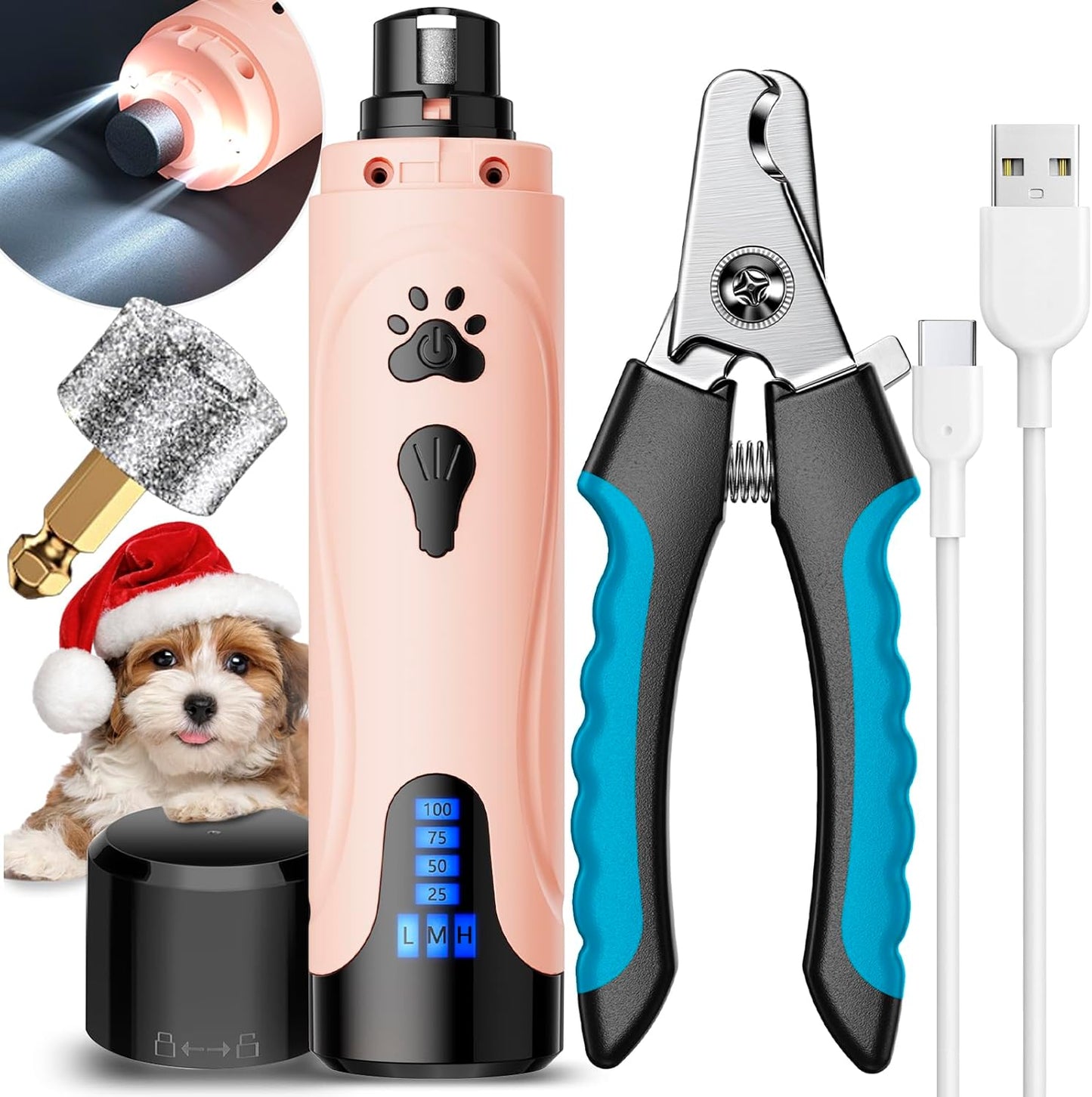 Dog Nail Grinder, Dog Nail Trimmers and Clippers Kit, Super Quiet, Rechargeable, for Small Large Dogs Cats Toenail Claw Grooming,3 Speeds