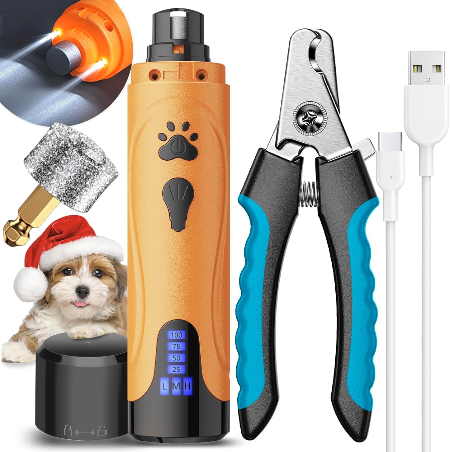 Dog Nail Grinder, Dog Nail Trimmers and Clippers Kit, Super Quiet, Rechargeable, for Small Large Dogs Cats Toenail Claw Grooming,3 Speeds
