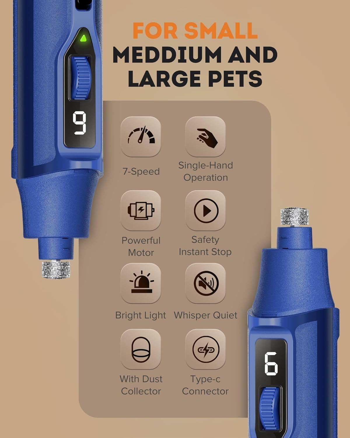 7-Speed Pet Nail Grinder with Light – Heavy Duty, Whisper Quiet Nail Trimmer for Dogs, Cats, Birds & Small Animals – Single-Handed Operation