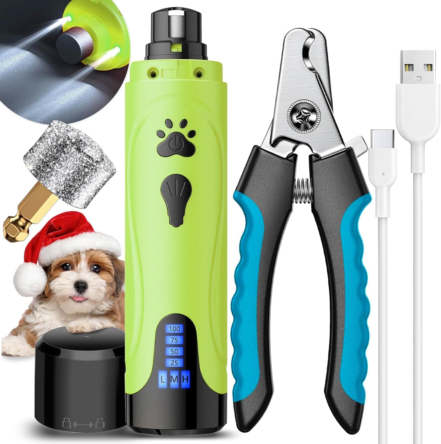Dog Nail Grinder, Dog Nail Trimmers and Clippers Kit, Super Quiet, Rechargeable, for Small Large Dogs Cats Toenail Claw Grooming,3 Speeds
