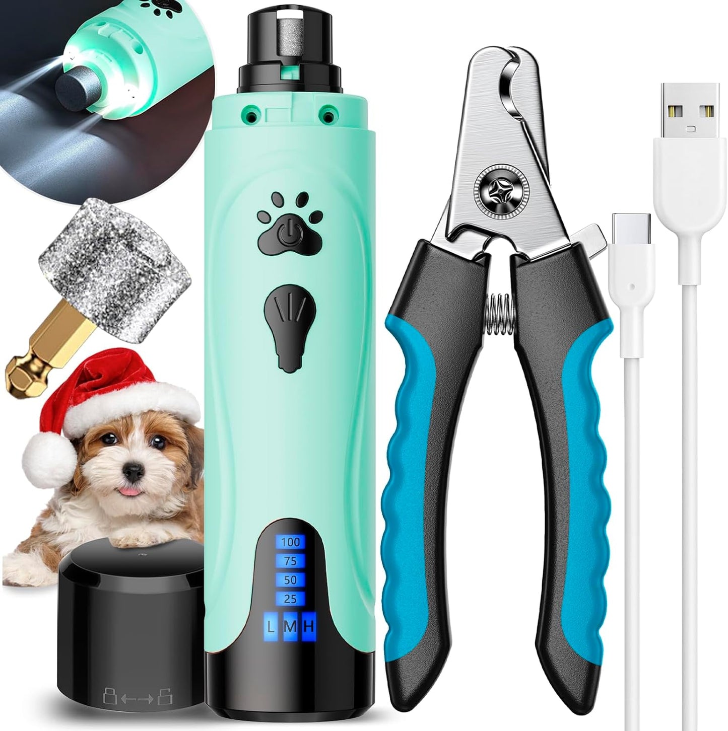 Dog Nail Grinder, Dog Nail Trimmers and Clippers Kit, Super Quiet, Rechargeable, for Small Large Dogs & Cats Toenail & Claw Grooming,3 Speeds