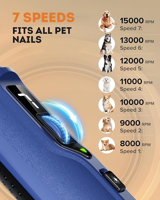 7-Speed Pet Nail Grinder with Light – Heavy Duty, Whisper Quiet Nail Trimmer for Dogs, Cats, Birds & Small Animals – Single-Handed Operation