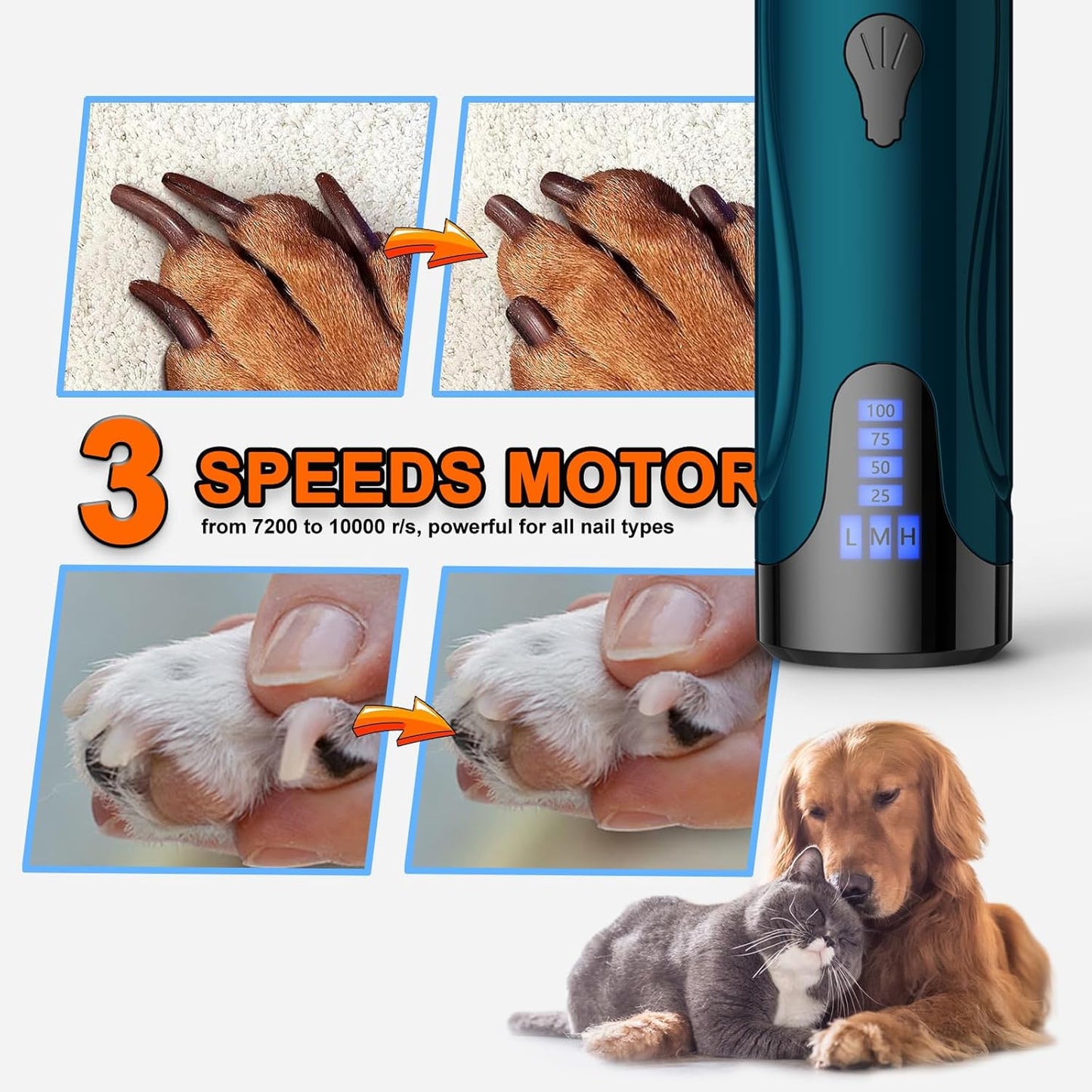 Dog Nail Grinder, Dog Nail Trimmers and Clippers Kit, Super Quiet Electric Pet Nail Grinder, Rechargeable, for Small Large Dogs & Cats Toenail & Claw Grooming,3 Speeds