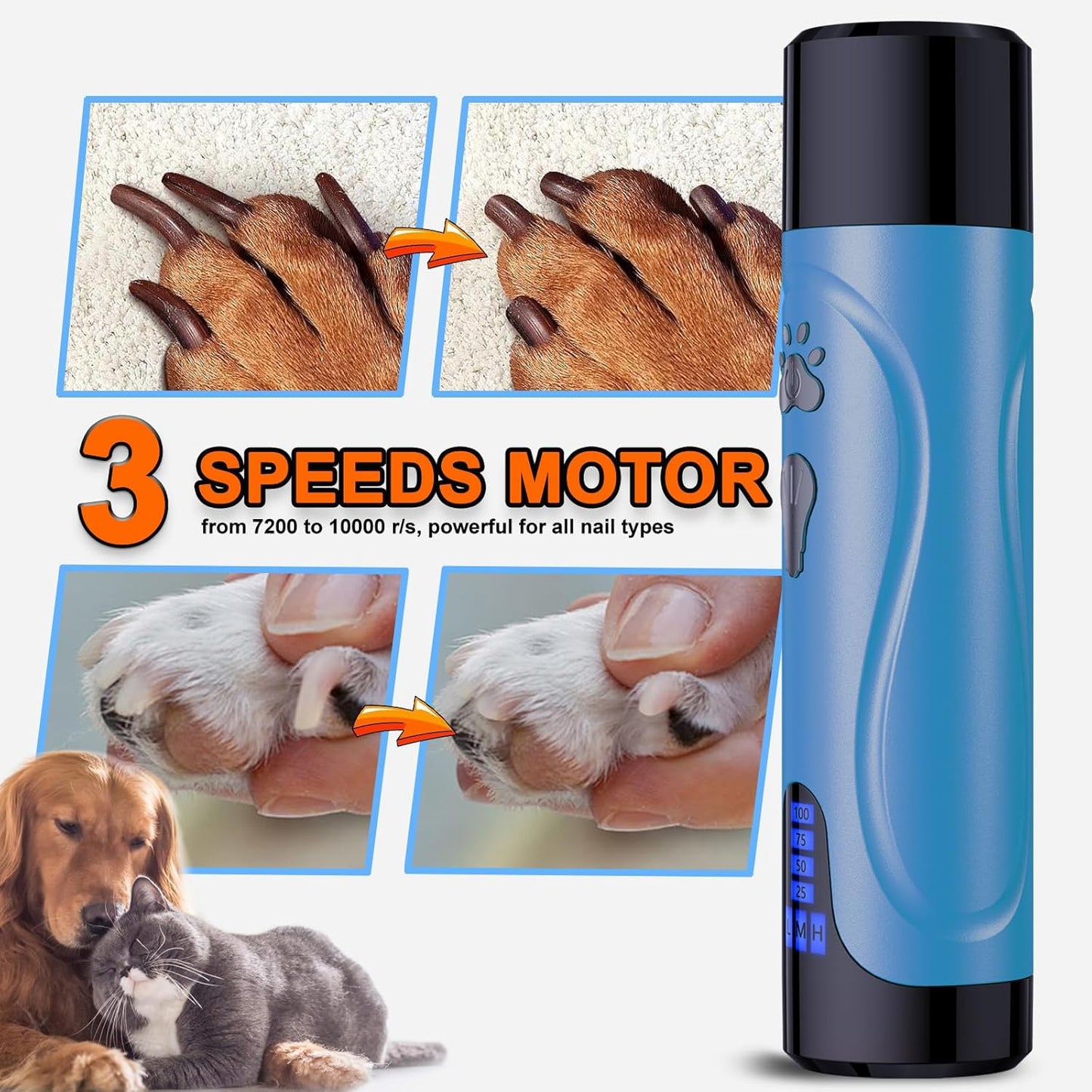 Dog Nail Grinder, Dog Nail Trimmers and Clippers Kit, Super Quiet, Rechargeable, for Small Large Dogs Cats Toenail Claw Grooming,3 Speeds