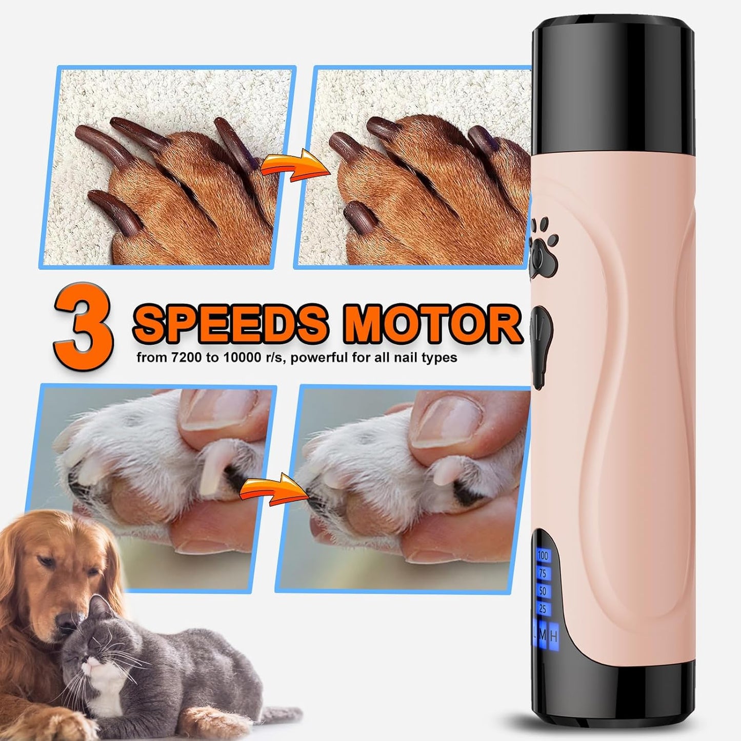 Dog Nail Grinder, Dog Nail Trimmers and Clippers Kit, Super Quiet, Rechargeable, for Small Large Dogs Cats Toenail Claw Grooming,3 Speeds