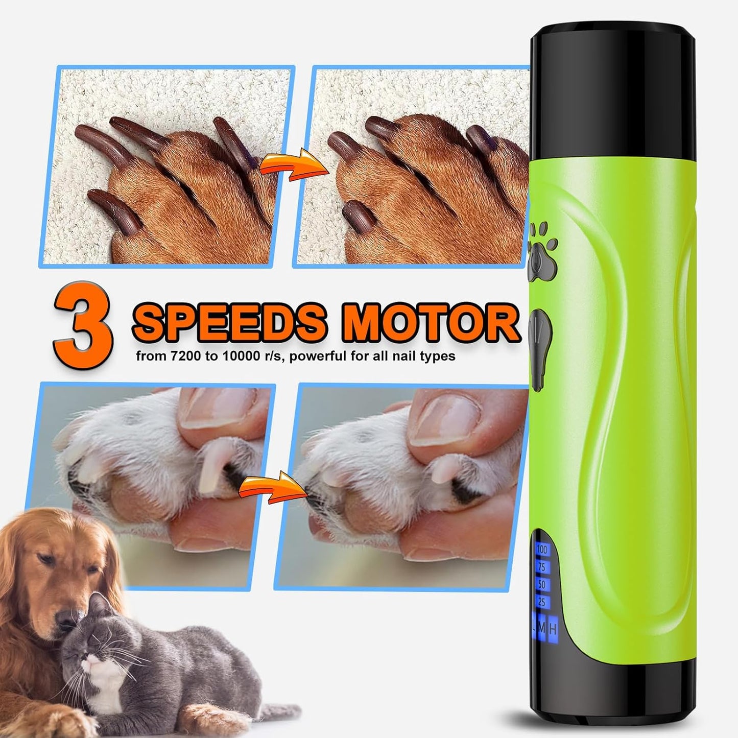 Dog Nail Grinder, Dog Nail Trimmers and Clippers Kit, Super Quiet, Rechargeable, for Small Large Dogs Cats Toenail Claw Grooming,3 Speeds