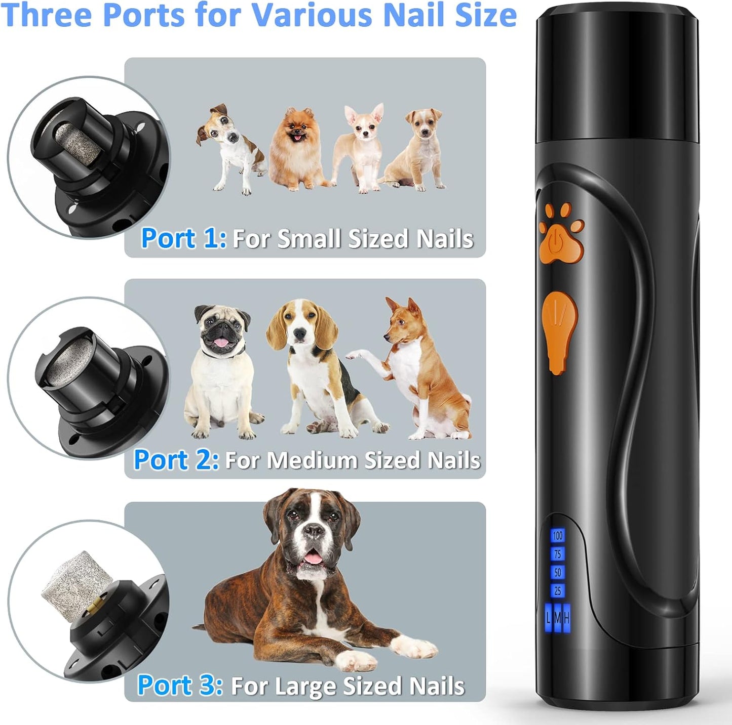 Dog Nail Grinder, Dog Nail Trimmers and Clippers Kit, Super Quiet, Rechargeable, for Small Large Dogs & Cats Toenail & Claw Grooming,3 Speeds