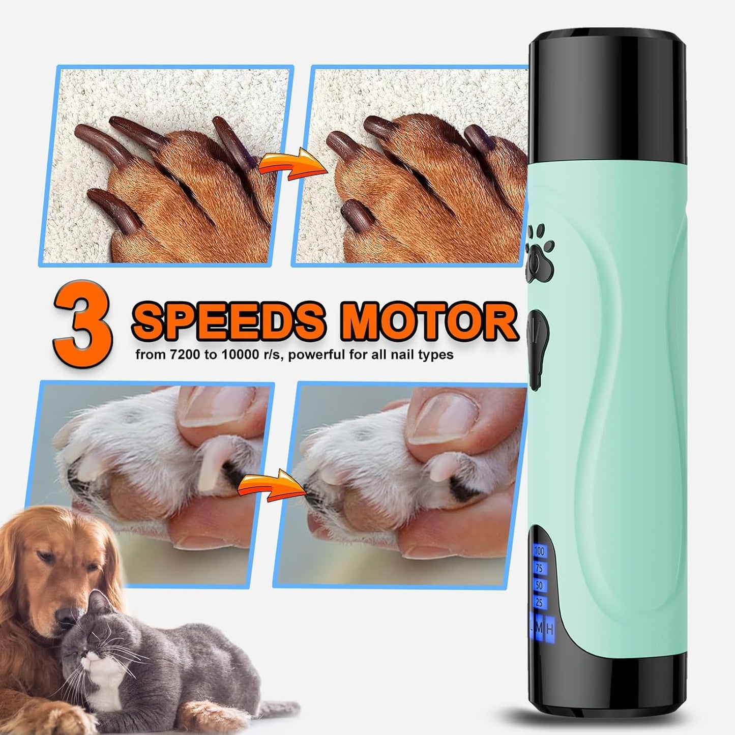 Dog Nail Grinder, Dog Nail Trimmers and Clippers Kit, Super Quiet, Rechargeable, for Small Large Dogs & Cats Toenail & Claw Grooming,3 Speeds